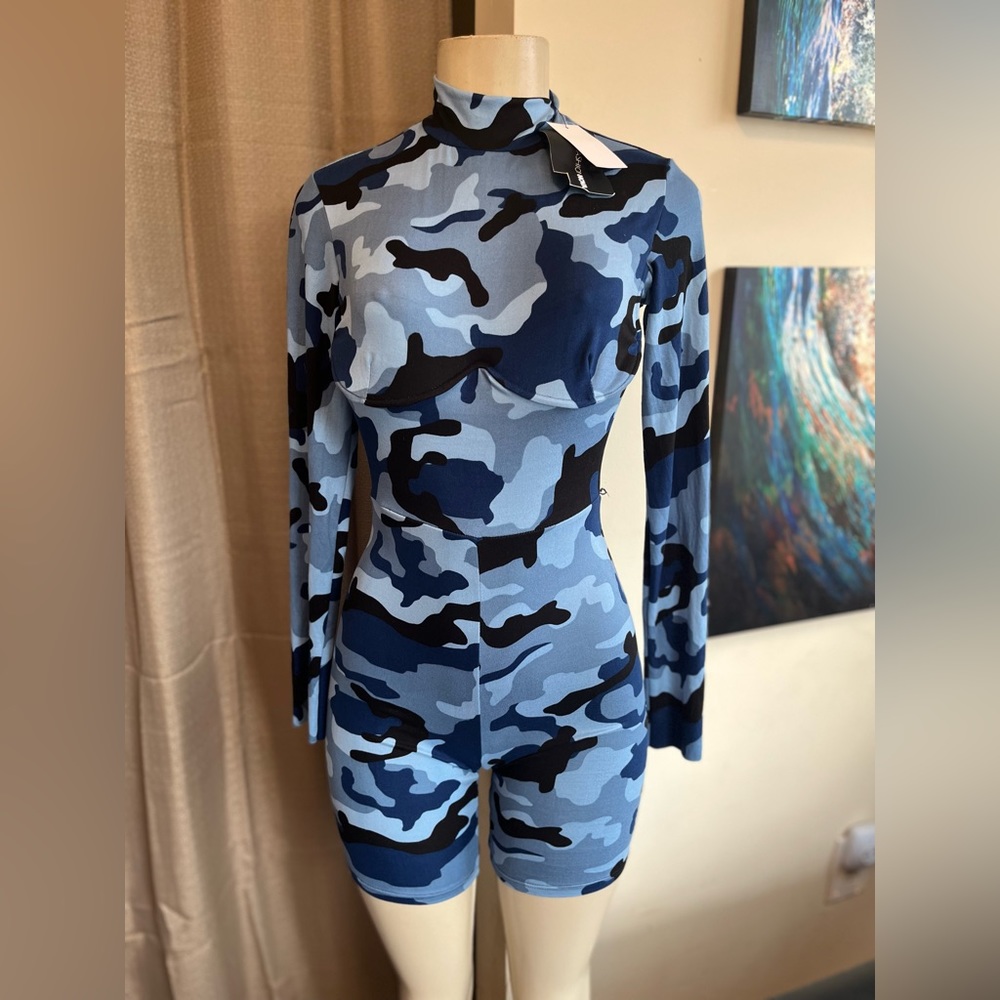 Fashion Nova blue camo long sleeves shorts jumpsuit women